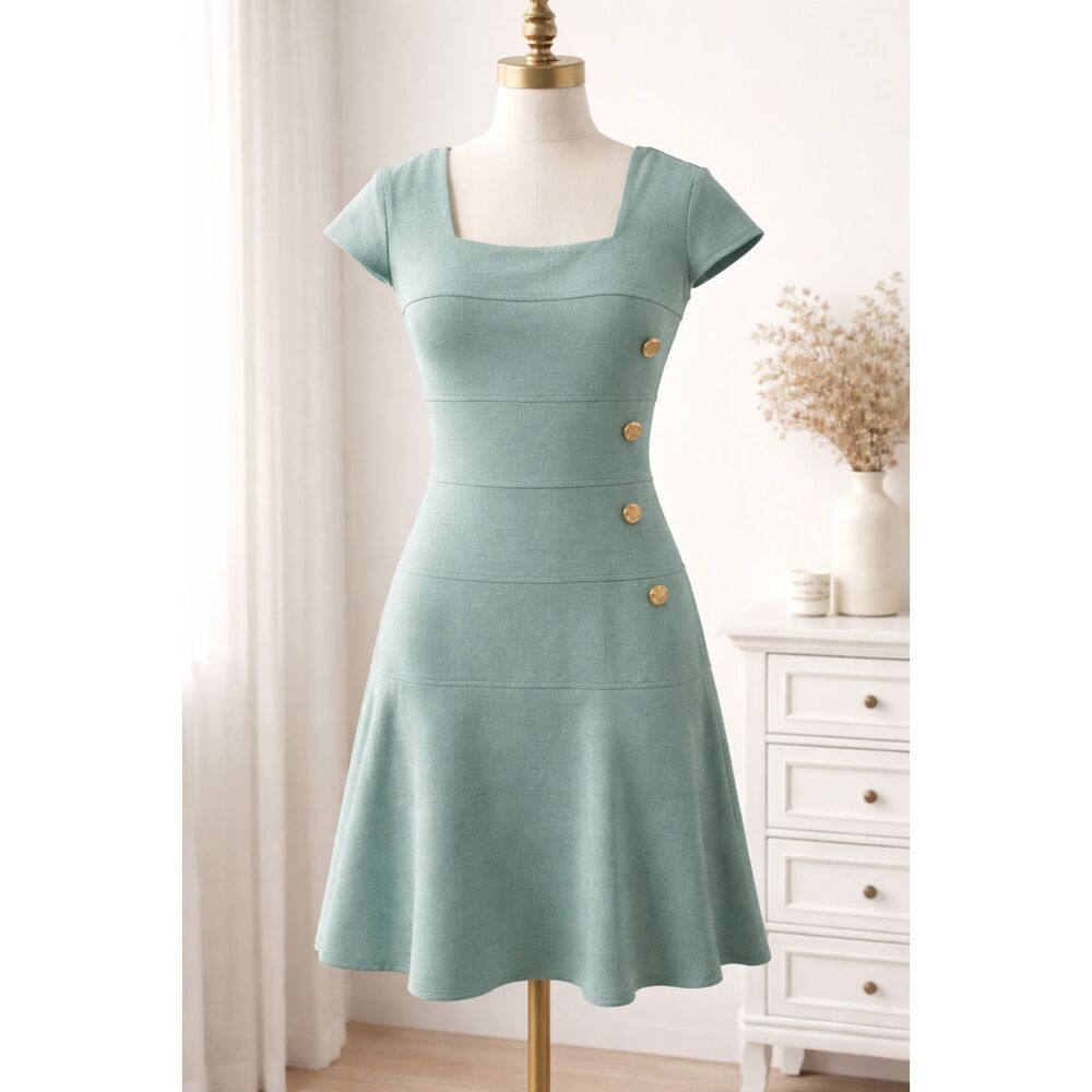 Enfocus Studio Fit & Flare Dress Small Sage Green Square Neck NWT